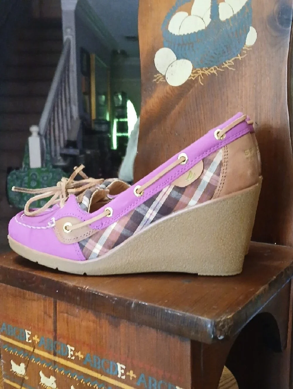 Sperry/topsider,suede Fuscia Plaid Wedge Shoes‎ with Tan Leather-Laces, Sz.8m